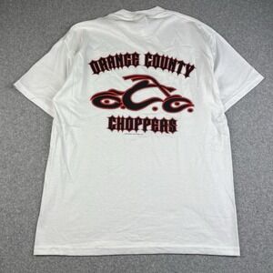 Vintage Orange County Choppers Shirt Medium Flame Logo White Motorcycle Bike Y2K